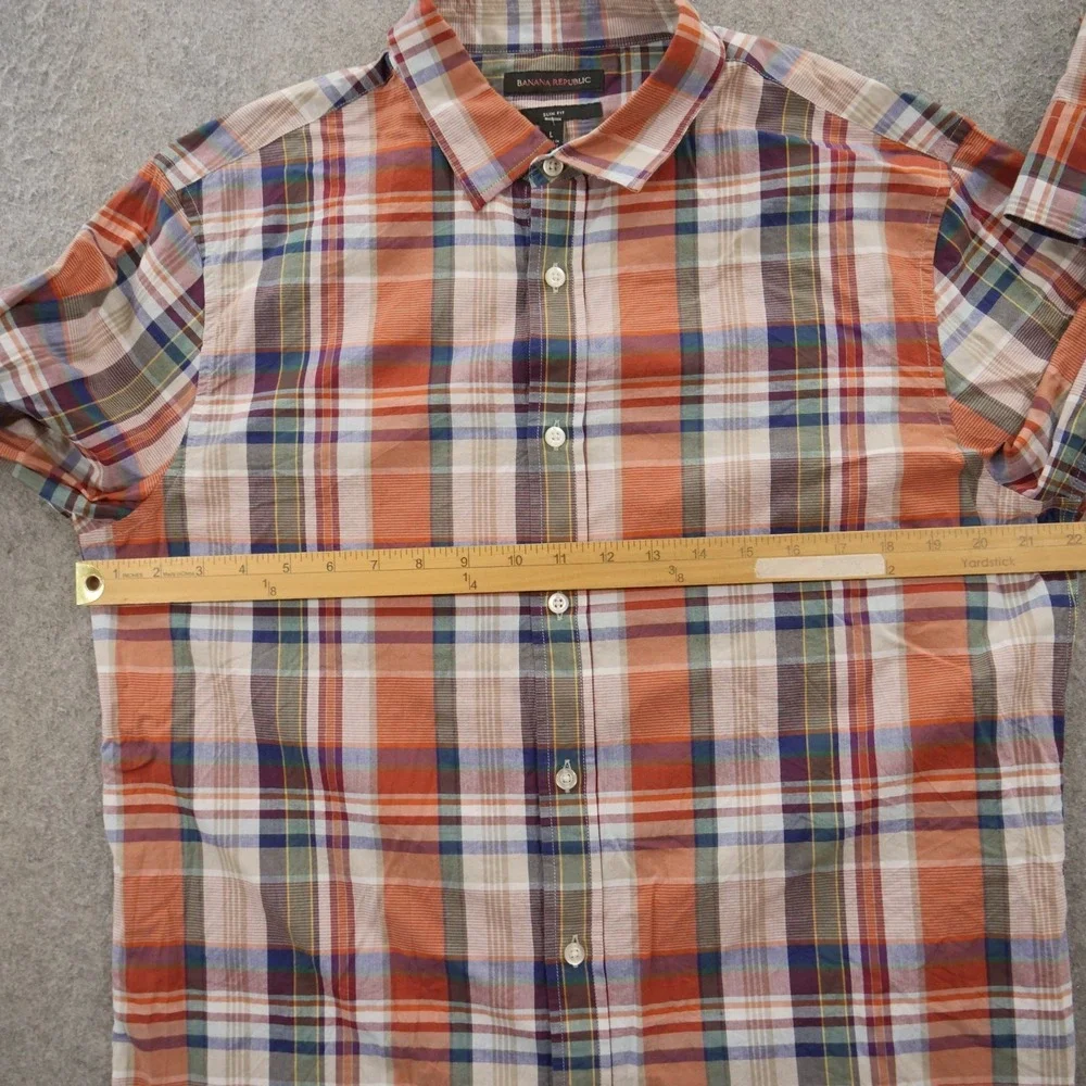 Banana Republic Shirt Mens Large Orange Blue Plaid Slim Fit Long Sleeve